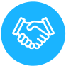 Blue icon with a white silhouette of a shaking hands