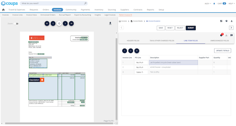 Relish Invoice AI for Coupa - User Interface