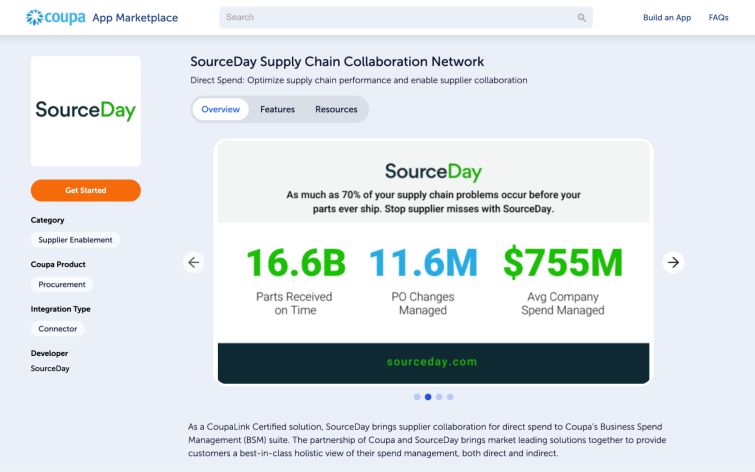 sourceday supply chain collaboration network, coupa app marketplace screenshot