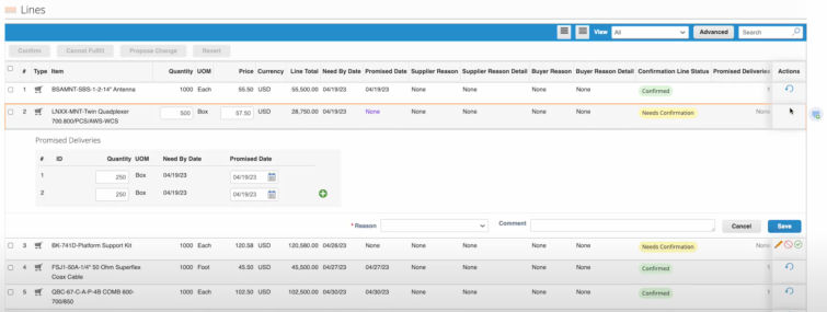 Coupa Purchase Order (PO) Collaboration screen shot example