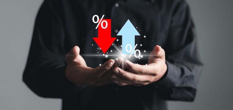 price fluctuation graphic - man holding up and down arrows