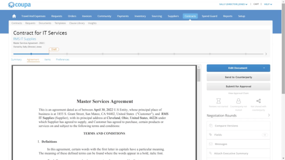 Coupa Contract Lifecycle Management: Edit Within Coupa