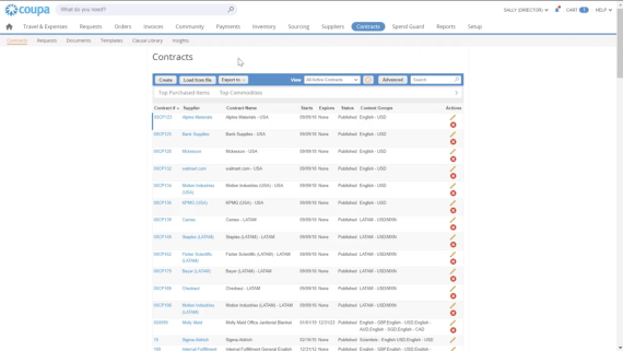 Coupa Contract Lifecycle Management: Contract List