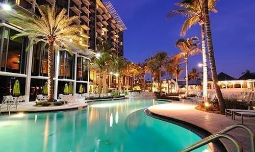 A resort swimming pool at twilight