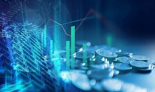 double exposure image of coin stacks on technology financial graph background.