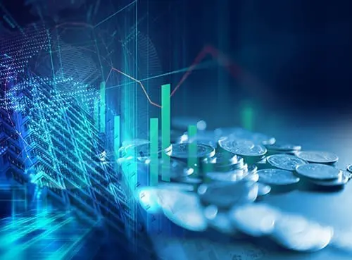 double exposure image of coin stacks on technology financial graph background.