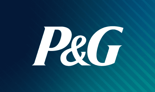 P&G logo on a blue and green gradient striped background