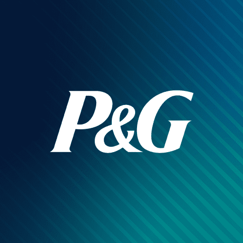 P&G logo on a blue and green gradient striped background