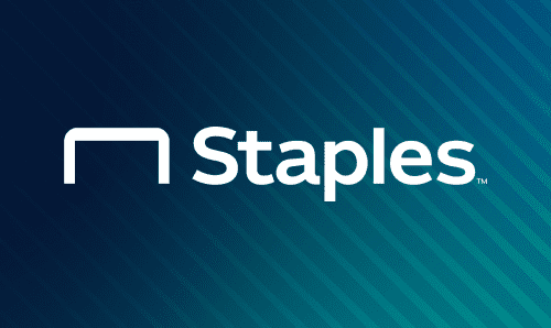 Staples logo on a blue and green gradient striped background
