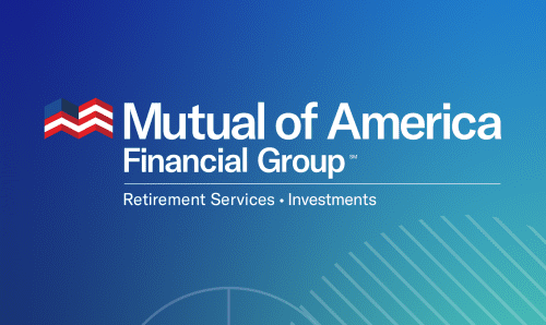 Mutual of America Financial Group logo on a blue and green gradient background with abstract elements in the right lower corner