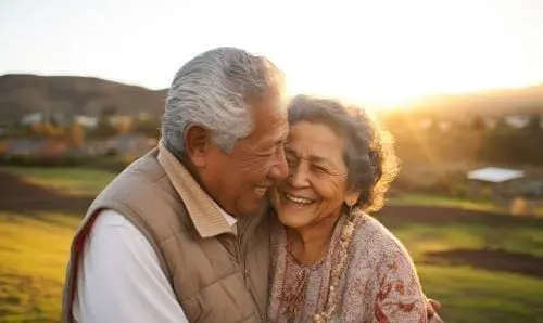 retired couple smiling and hugging outside