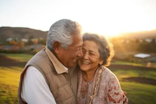 retired couple smiling and hugging outside