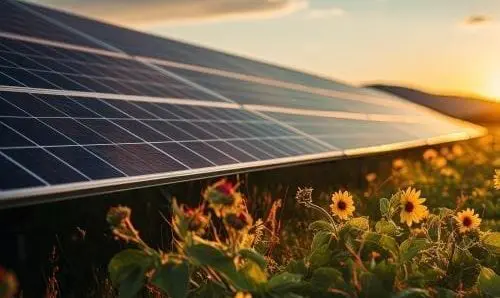 solar panel and sunflowers in the sunset