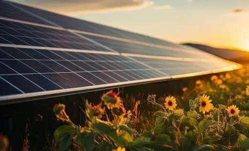 solar panel and sunflowers in the sunset