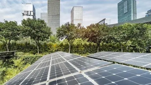 image of solar panels with trees and tall buildings in the background