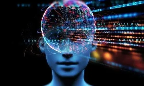 double exposure image showing coding sequences overlaid on a robotic looking face