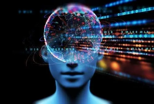 double exposure image showing coding sequences overlaid on a robotic looking face