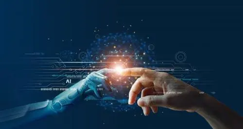 human hand touching fingers with a robot hand with Ai at the intersection point
