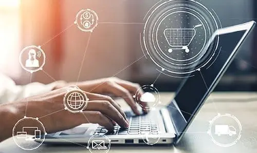 Omni channel technology of online retail business. Multichannel marketing on social media network platform offer service of internet payment channel, online retail shopping and omni digital app.
