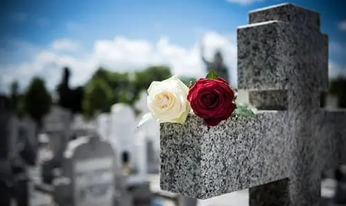 Rose on tombstone. Red and White roses on grave. Love - loss. Flower on memorial stone close up. Tragedy and sorrow for the loss of a loved one. Memory. Gravestone with withered rose