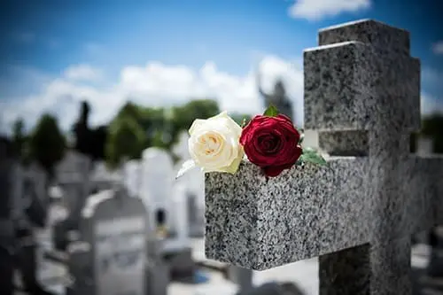 Rose on tombstone. Red and White roses on grave. Love - loss. Flower on memorial stone close up. Tragedy and sorrow for the loss of a loved one. Memory. Gravestone with withered rose