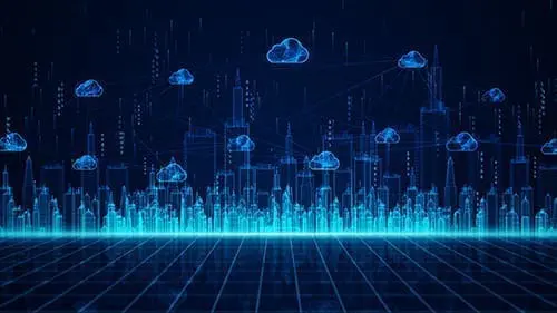 Digital City and cloud computing using artificial intelligence, 5g high-speed connection data analysis. Digital data network connections and global communication background.