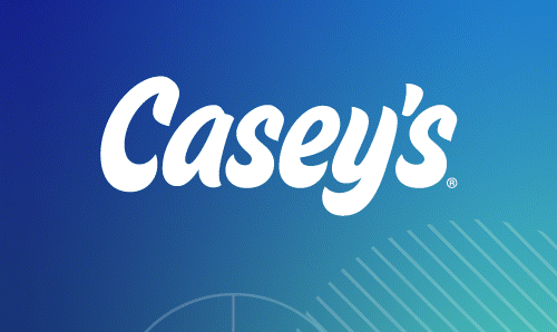 Casey's logo on a blue and green gradient background with abstract circles in the bottom left corner