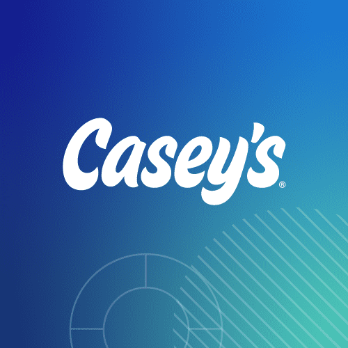 Casey's logo on a blue and green gradient background with abstract circles in the bottom left corner