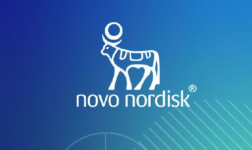 Novo Nordisk logo on a blue and green gradient background with abstract circle elements in the bottom right corner