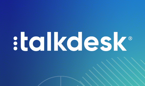 talkdesk logo on a blue and green gradient background with abstract shapes in the bottom right corner