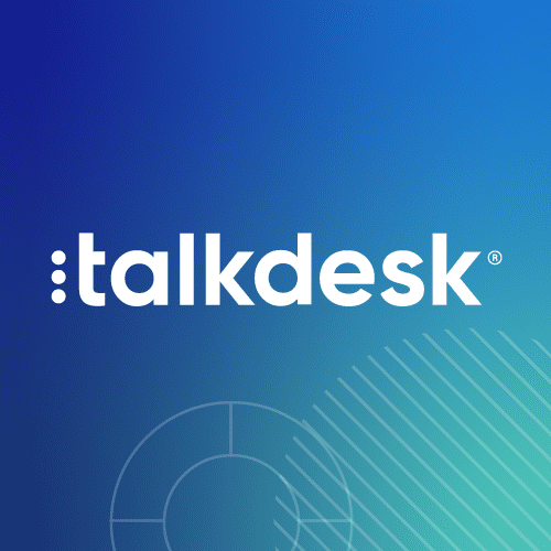 talkdesk logo on a blue and green gradient background with abstract shapes in the bottom right corner