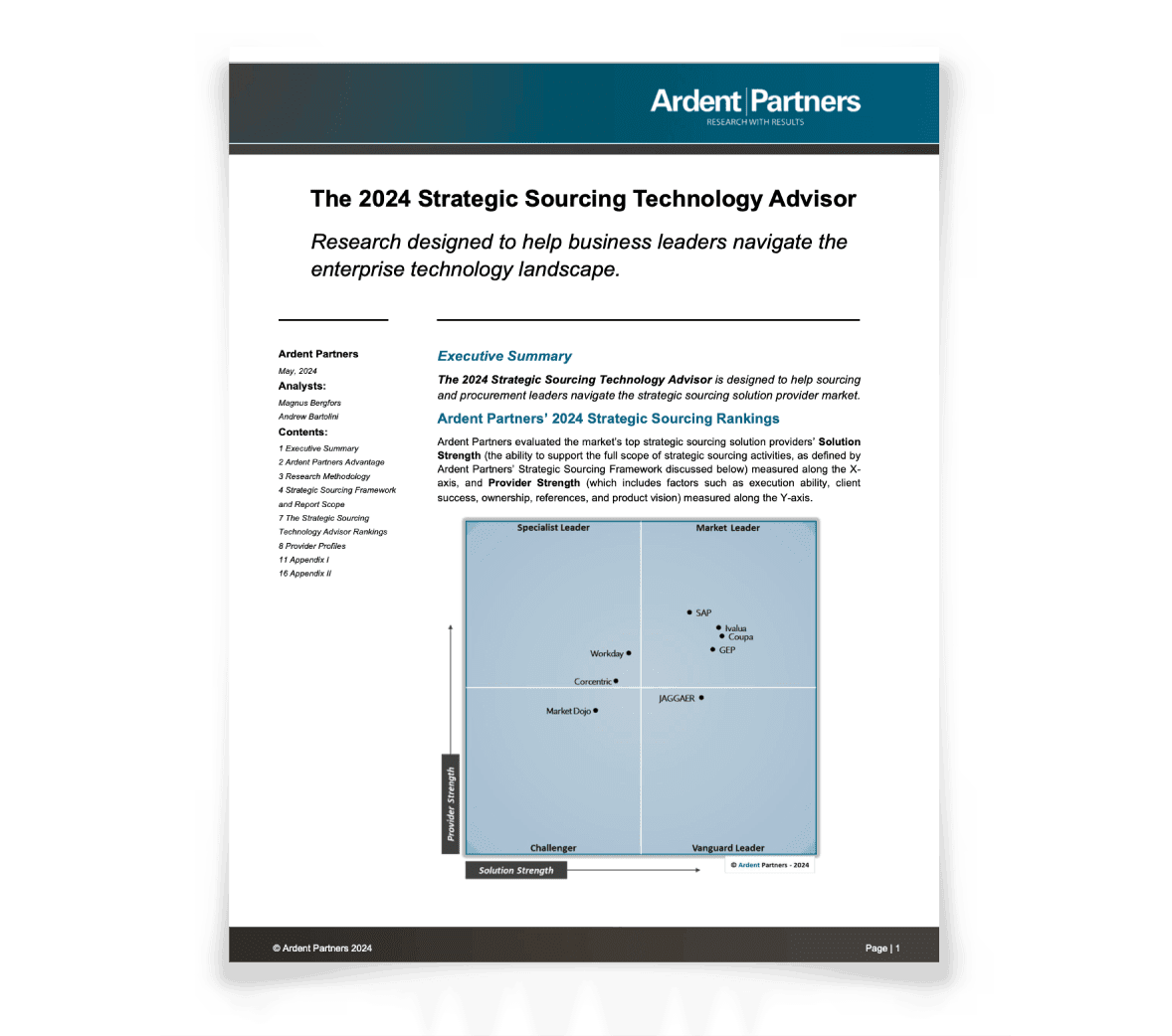 Mockup of Ardent Partners’ Strategic Sourcing Technology Advisor Report 2024