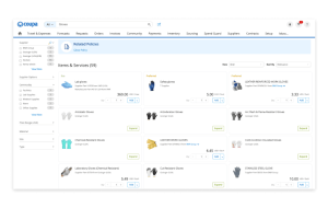 Screen grab of Coupa Advantage Marketplace, where users can purchase items and services. The shown marketplace search results are of gloves.
