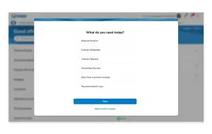 Screen grab of Coupa's Smart Intake & Orchestration. It shows the prompt "What do you need today?" with the answer options as follows: request services, contract obligation, contract request, consulting services, start from a previous request, and recommended for you.
