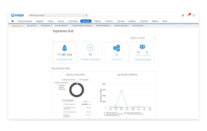Screen grab of Coupa's Payments Hub, showing total amount paid, number of payments, currencies, and suppliers and employees paid by Coupa Pay.