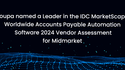 "Coupa named a Leader in the IDC Marketscape: Worldwide Accounts Payable Automation Software 2024 Vendor Assessment for Midmarket" on an technology/AI feel background