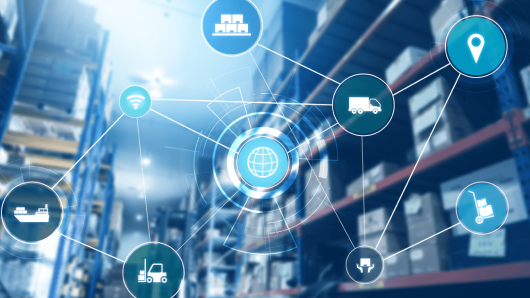 Abstract graphic of connections laid overtop of an image of inventory in a warehouse