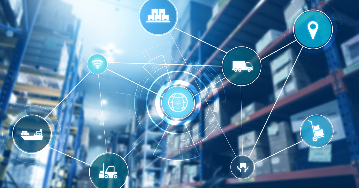 Abstract graphic of connections laid overtop of an image of inventory in a warehouse