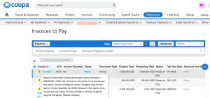 Screenshot of the Coupa user interface, showing invoices to pay
