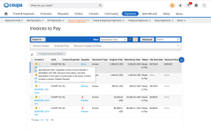 Screen grab of Coupa's interface, showing invoices statuses. One line item shows a SpendGuard alert, flagging noncompliance.