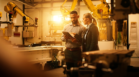A woman and a man in an manufacturing environment looking at a tablet together
