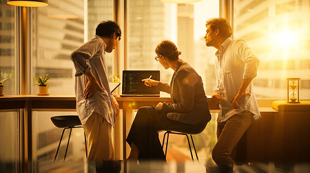 A woman and two men peer into a laptop screen together