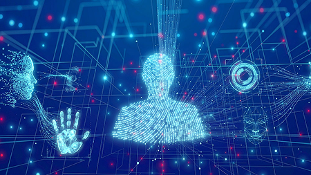A person's silhouette made of a fingerprint, surrounded by other digital biometric scans like a face, hand, and iris.
