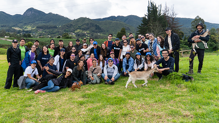 A group of Coupa employees pose on a farm while goats and a dog run by.